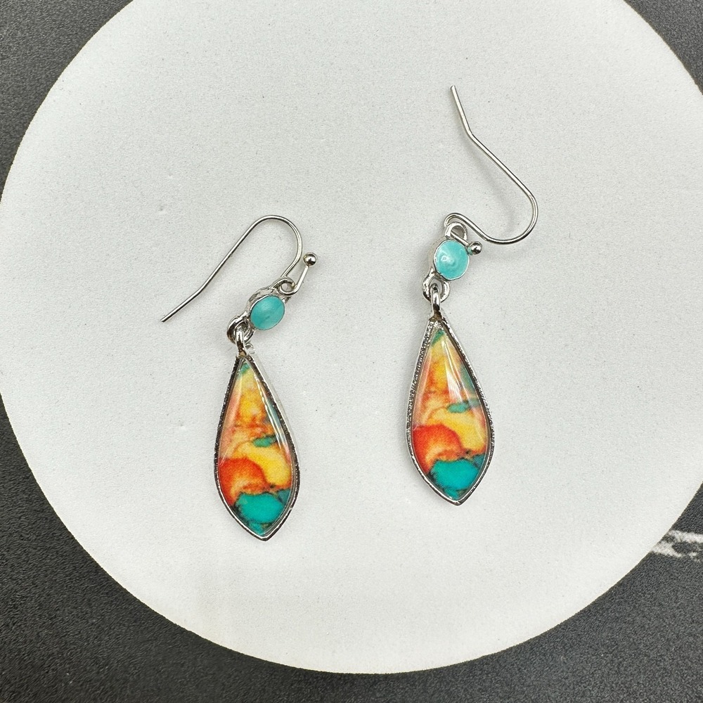 Handcrafted Teardrop Multicolor Earrings - Turquoise & Orange
